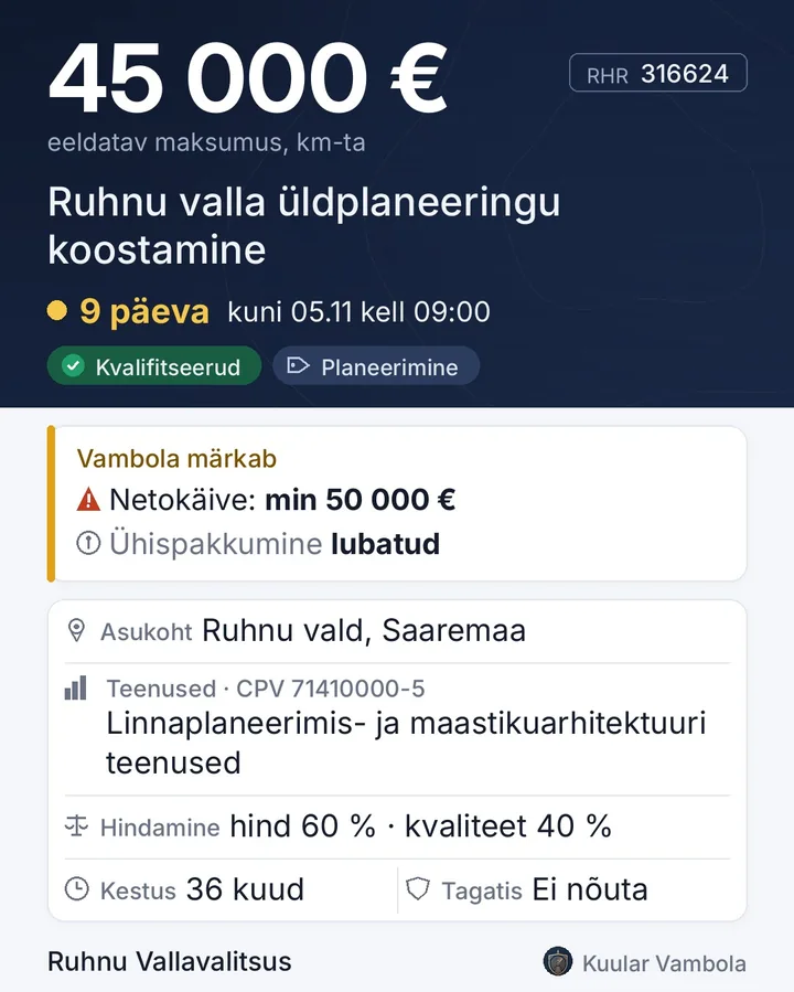 Näidisteade: riigihange 45 000 €, tähtaeg, märge Kvalifitseerud, netokäibe nõue, asukoht, CPV ja hindamiskriteeriumid